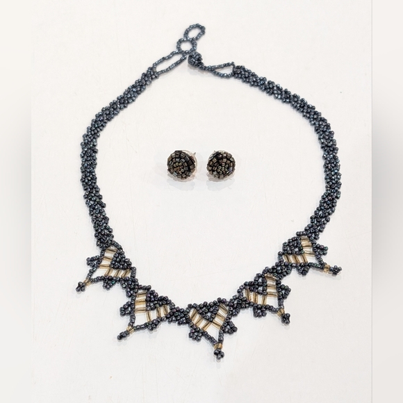 Black and Yellow Beaded Necklace and Earring Set - Picture 1 of 3